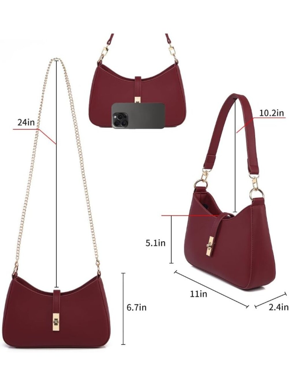 Women's Wine Red Premium Vegan Leather Twist Lock Crossbody Shoulder Bag - Picture 5 of 6